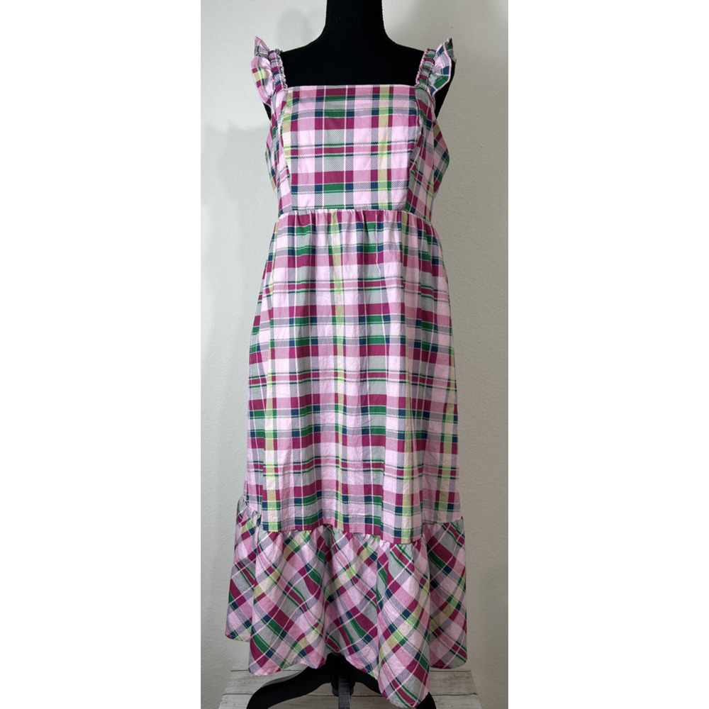 Torrid Plaid Midi Dress Size 00 Pink Green Ruffle Cottagecore Pockets